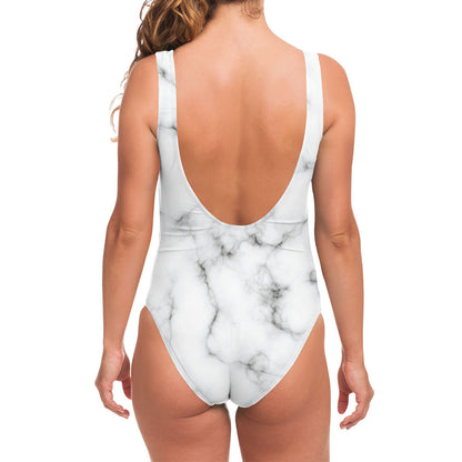 White Grey Smoke Marble Print One Piece Swimsuit