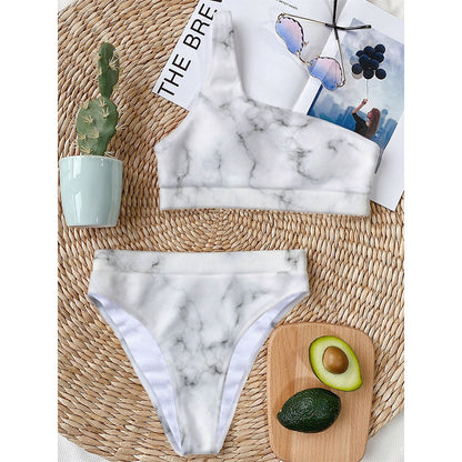 White Grey Smoke Marble Print One Shoulder Bikini Top