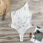 White Grey Smoke Marble Print One Shoulder Bodysuit