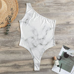 White Grey Smoke Marble Print One Shoulder Bodysuit