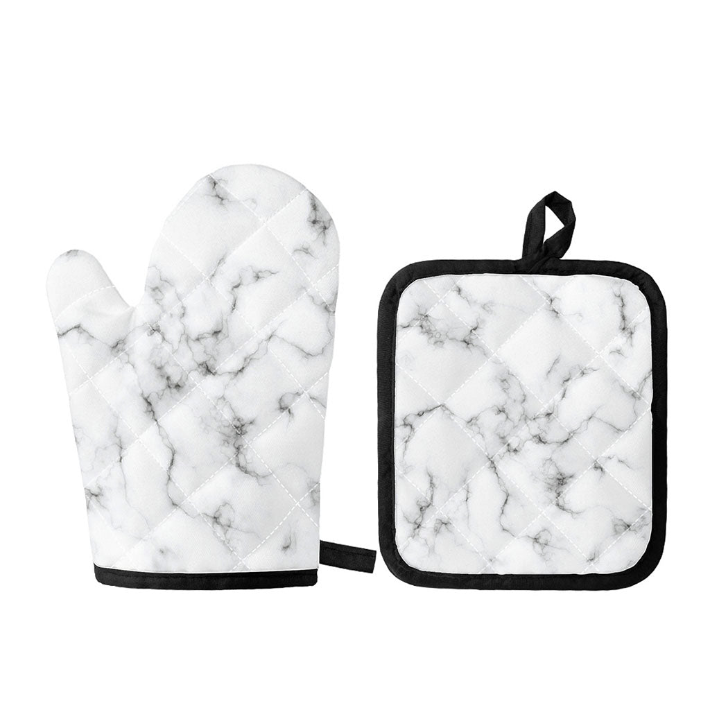 White Grey Smoke Marble Print Oven Mitt And Pot Holder Set