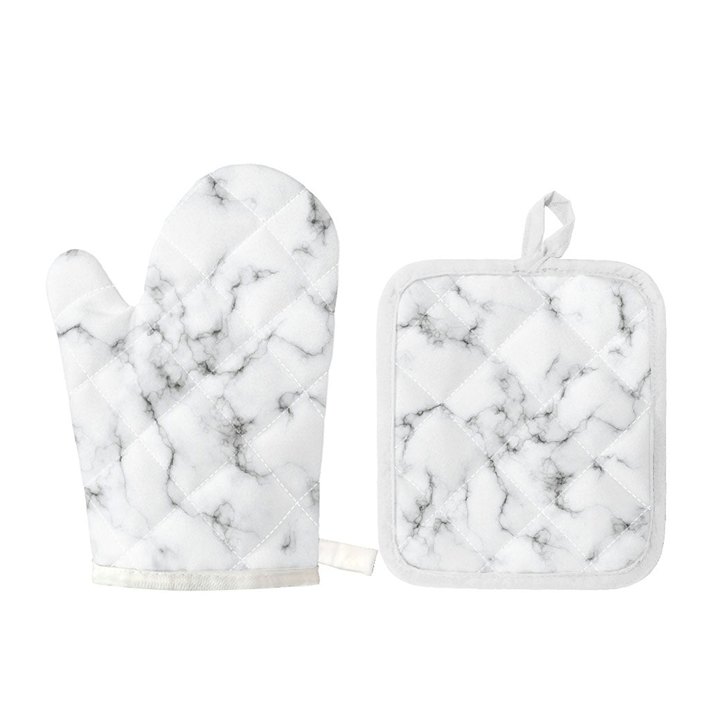White Grey Smoke Marble Print Oven Mitt And Pot Holder Set