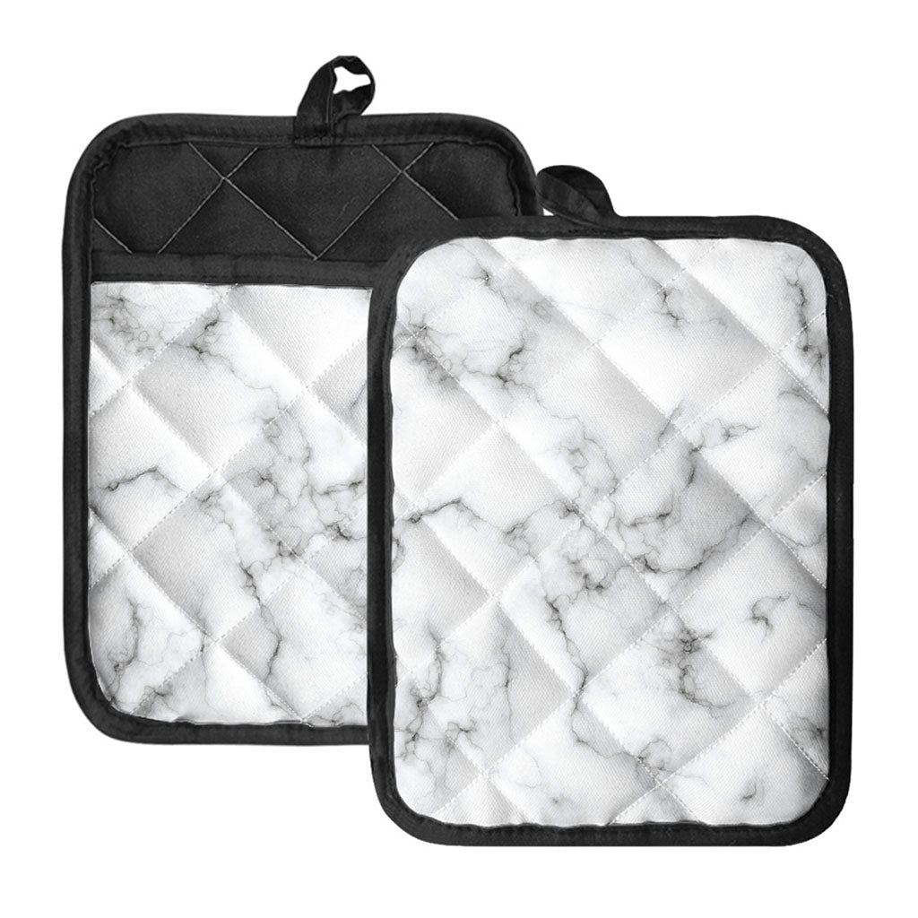 White Grey Smoke Marble Print Pot Holders With Pocket