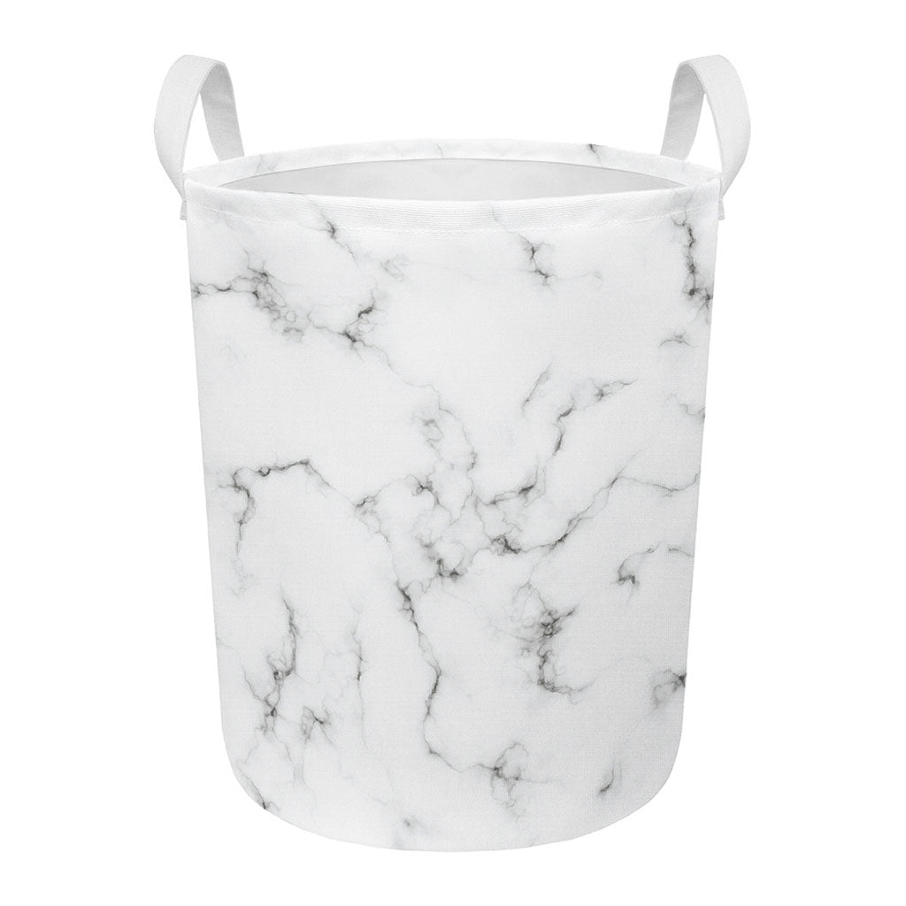 White Grey Smoke Marble Print Round Laundry Basket