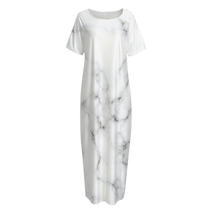 White Grey Smoke Marble Print Short Sleeve Long Nightdress