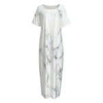 White Grey Smoke Marble Print Short Sleeve Long Nightdress