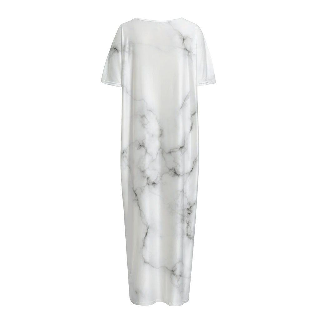White Grey Smoke Marble Print Short Sleeve Long Nightdress