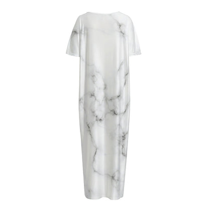 White Grey Smoke Marble Print Short Sleeve Long Nightdress