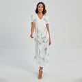 White Grey Smoke Marble Print Short Sleeve Maxi Dress