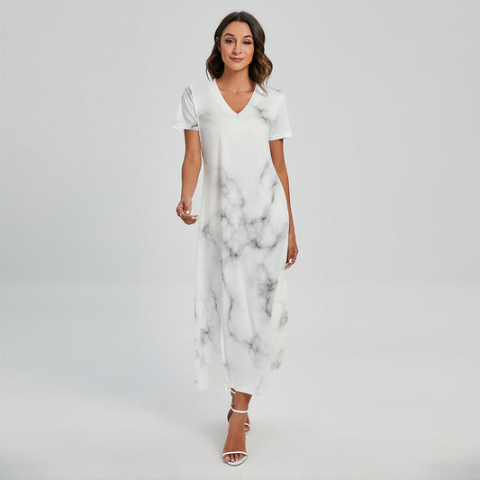 White Grey Smoke Marble Print Short Sleeve Maxi Dress