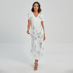 White Grey Smoke Marble Print Short Sleeve Maxi Dress