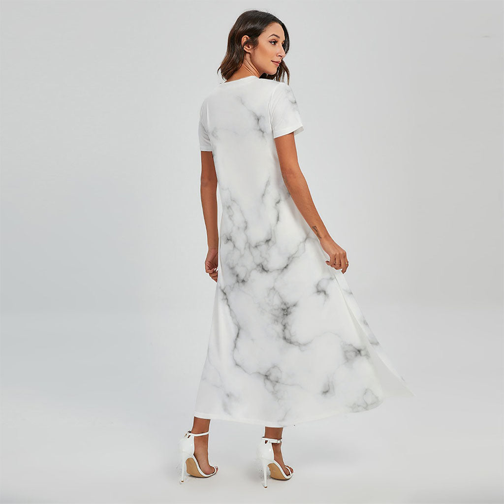 White Grey Smoke Marble Print Short Sleeve Maxi Dress