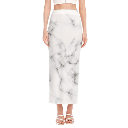 White Grey Smoke Marble Print Side Slit Maxi Skirt