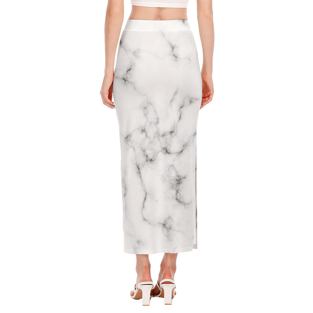 White Grey Smoke Marble Print Side Slit Maxi Skirt