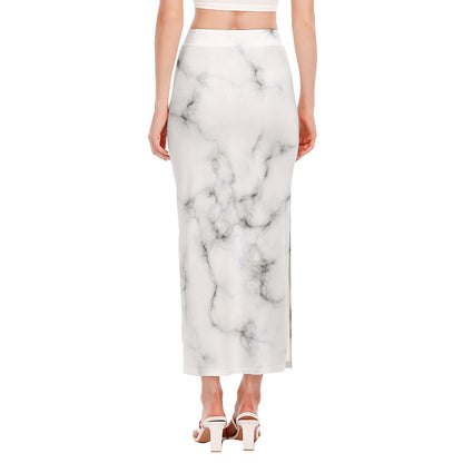 White Grey Smoke Marble Print Side Slit Maxi Skirt