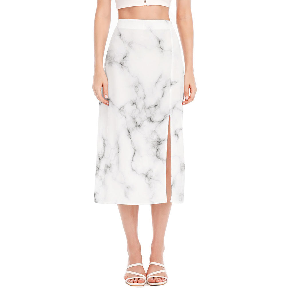 White Grey Smoke Marble Print Side Slit Midi Skirt