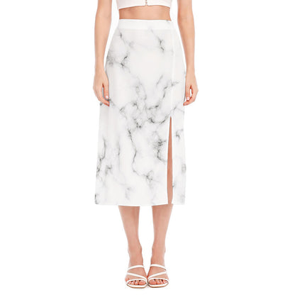 White Grey Smoke Marble Print Side Slit Midi Skirt