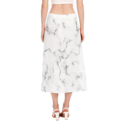 White Grey Smoke Marble Print Side Slit Midi Skirt