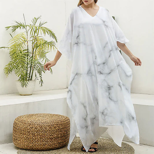 White Grey Smoke Marble Print Silk V-Neck Kaftan Dress