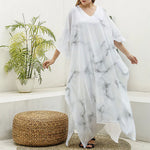 White Grey Smoke Marble Print Silk V-Neck Kaftan Dress