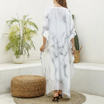 White Grey Smoke Marble Print Silk V-Neck Kaftan Dress