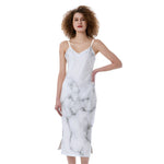 White Grey Smoke Marble Print Slim Fit Midi Cami Dress