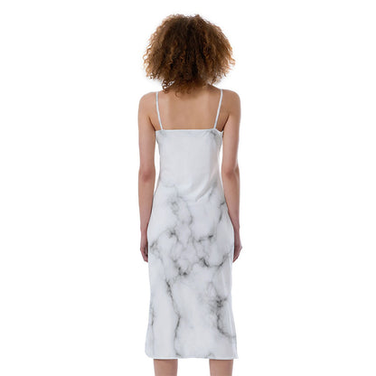 White Grey Smoke Marble Print Slim Fit Midi Cami Dress