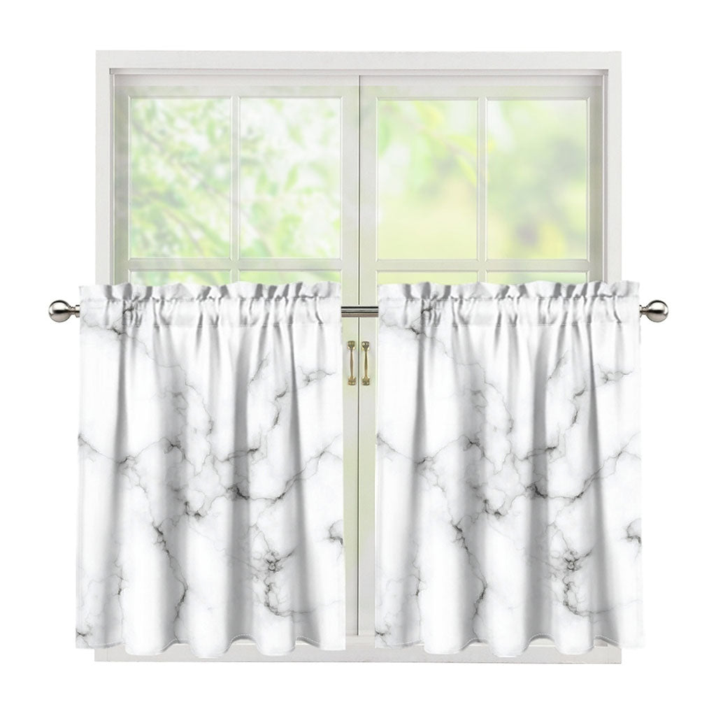 White Grey Smoke Marble Print Tier Curtains