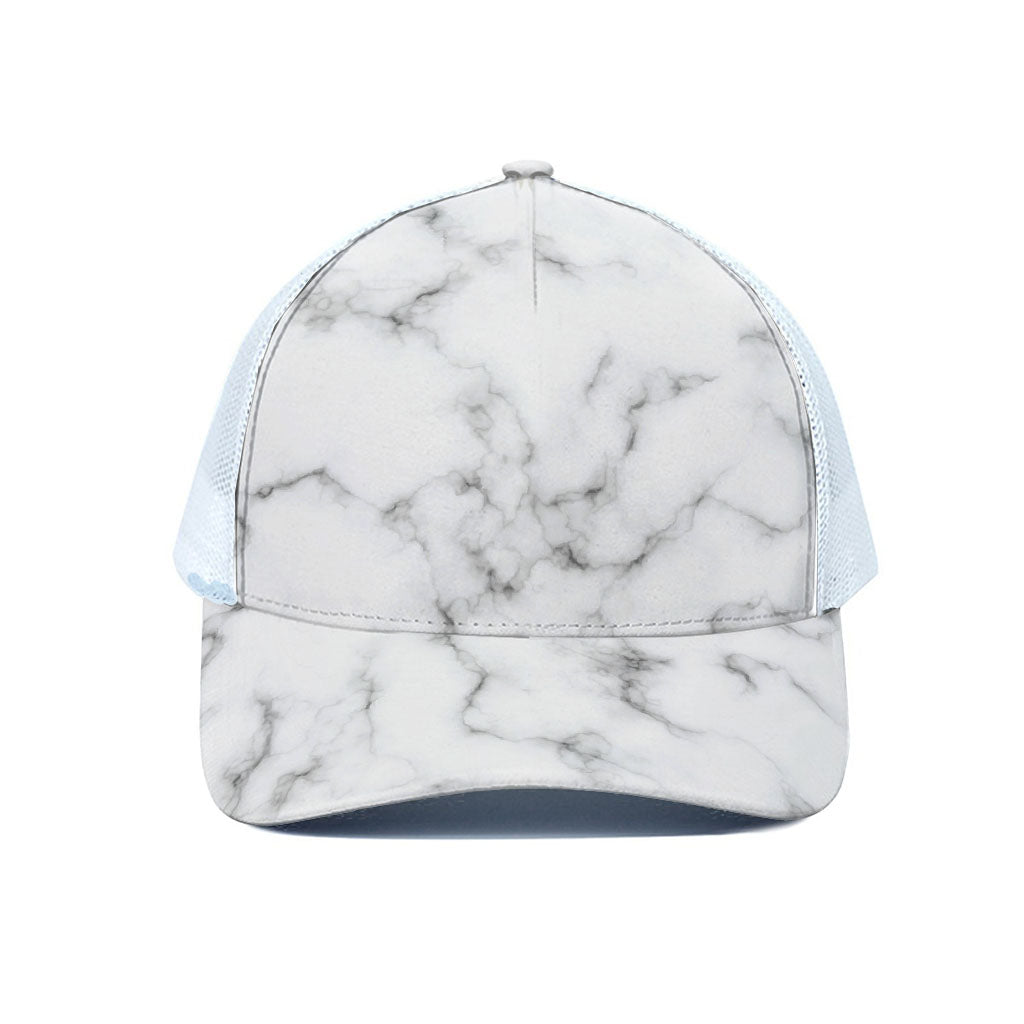 White Grey Smoke Marble Print White Mesh Trucker Cap