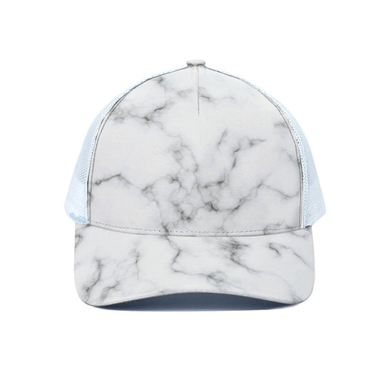 White Grey Smoke Marble Print White Mesh Trucker Cap