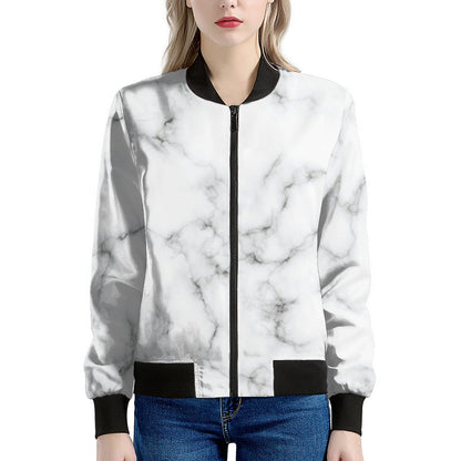 White Grey Smoke Marble Print Women's Bomber Jacket