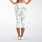 White Grey Smoke Marble Print Women's Capri Leggings