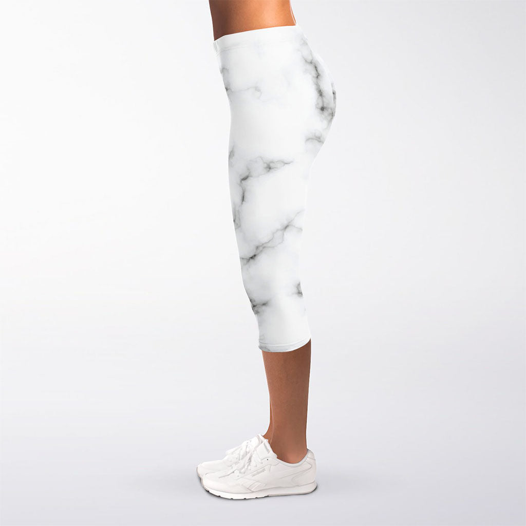 White Grey Smoke Marble Print Women's Capri Leggings
