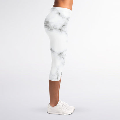 White Grey Smoke Marble Print Women's Capri Leggings