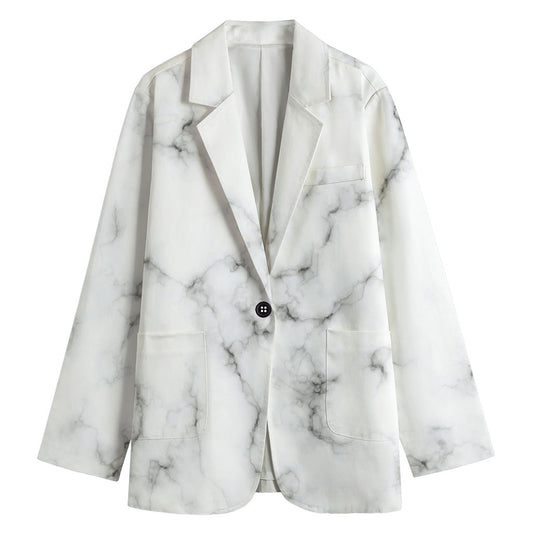 White Grey Smoke Marble Print Women's Cotton Blazer