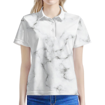White Grey Smoke Marble Print Women's Polo Shirt
