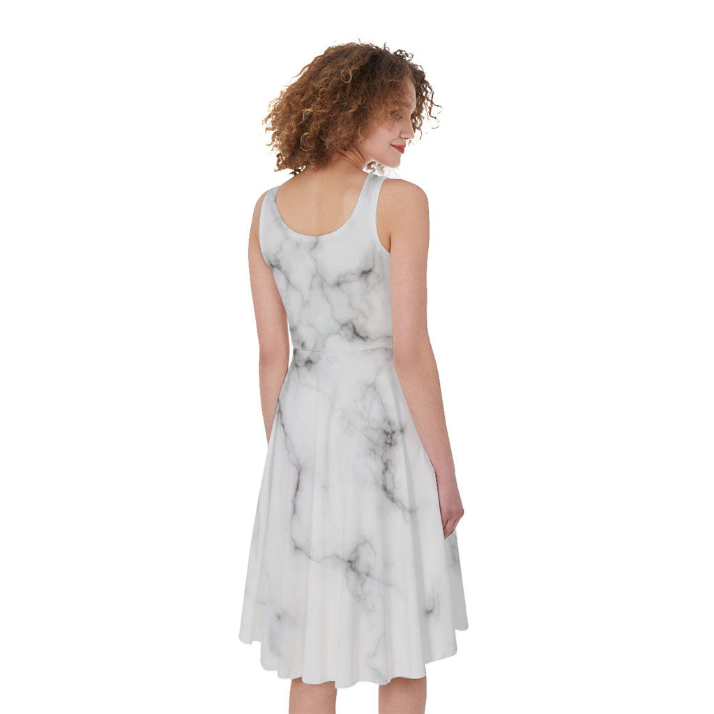 White Grey Smoke Marble Print Women's Sleeveless Dress