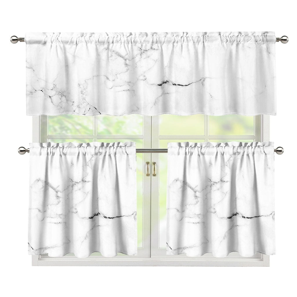 White Grunge Marble Print 3 Piece Kitchen Curtains
