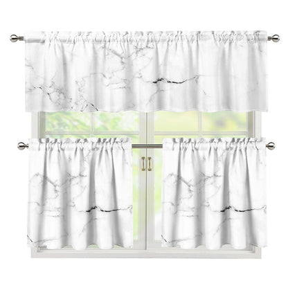 White Grunge Marble Print 3 Piece Kitchen Curtains