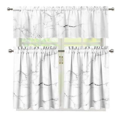 White Grunge Marble Print 3 Piece Kitchen Curtains