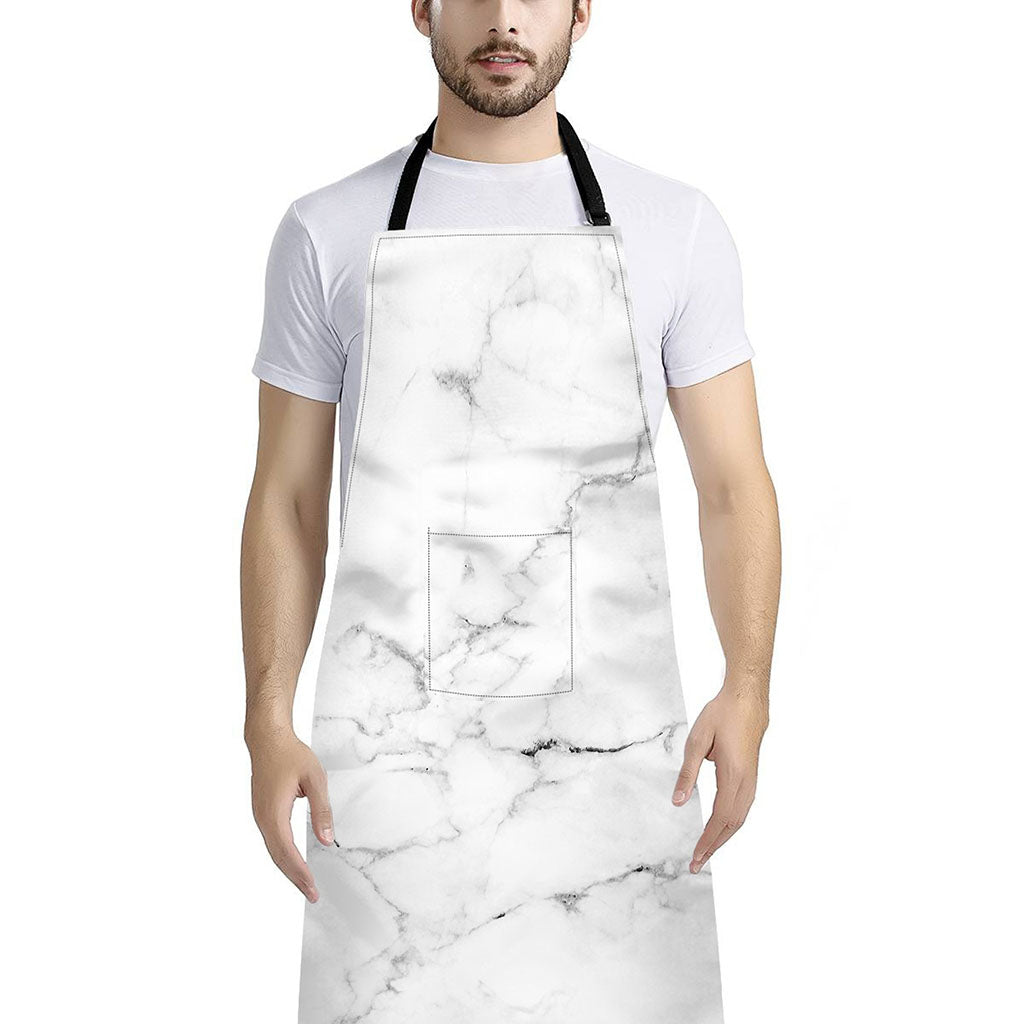 White Grunge Marble Print Bib Apron With Pocket