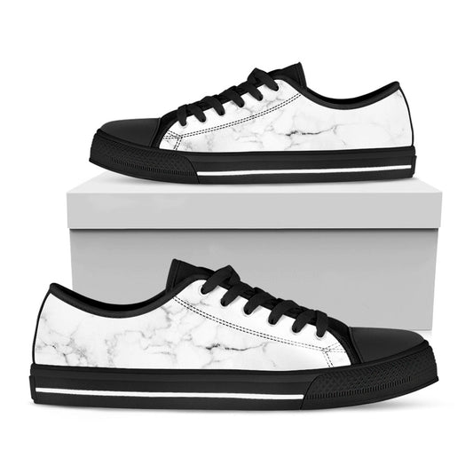 White Grunge Marble Print Black Low Top Sneakers