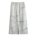 White Grunge Marble Print Cotton Front Slit Maxi Skirt