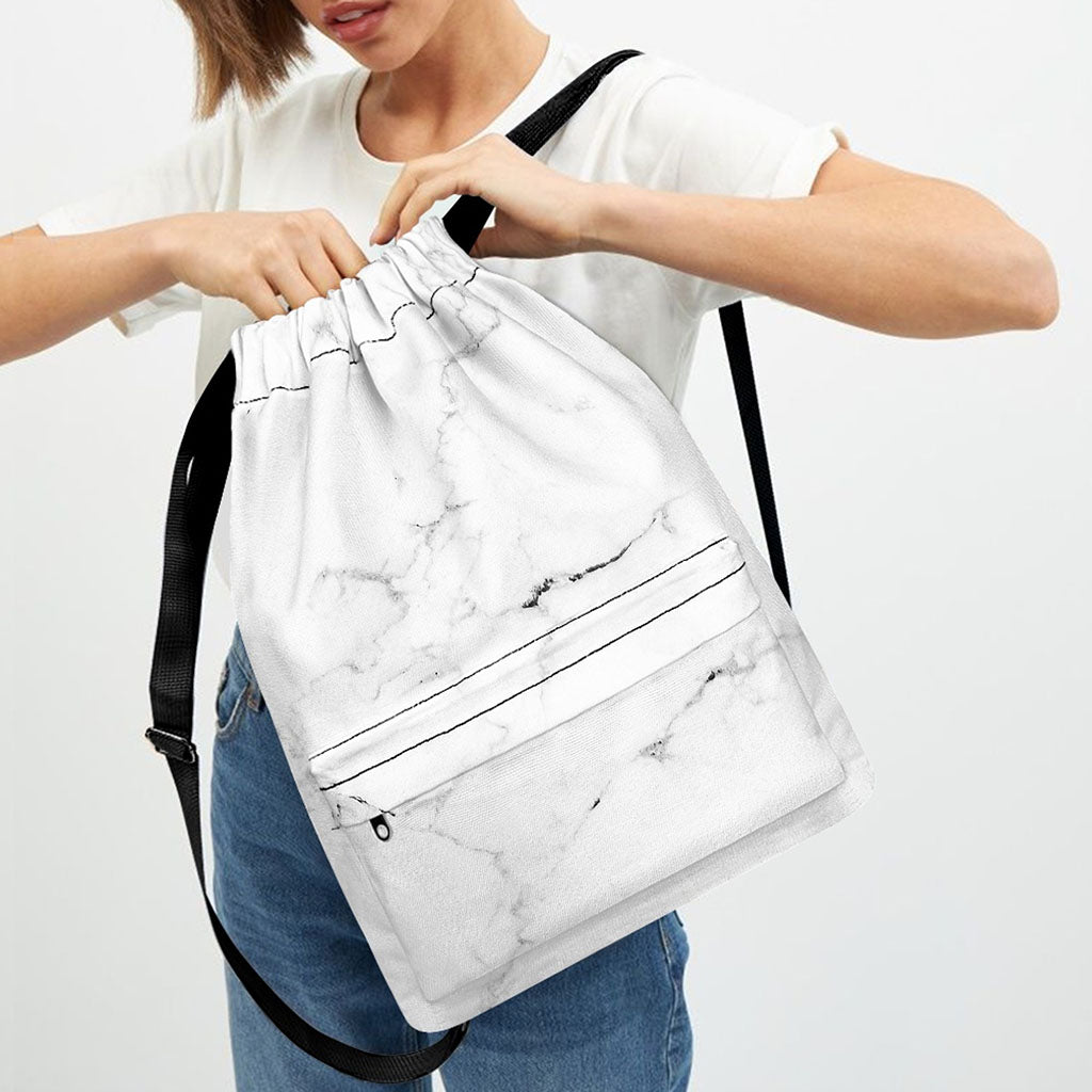 White Grunge Marble Print Drawstring Backpack