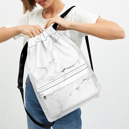 White Grunge Marble Print Drawstring Backpack