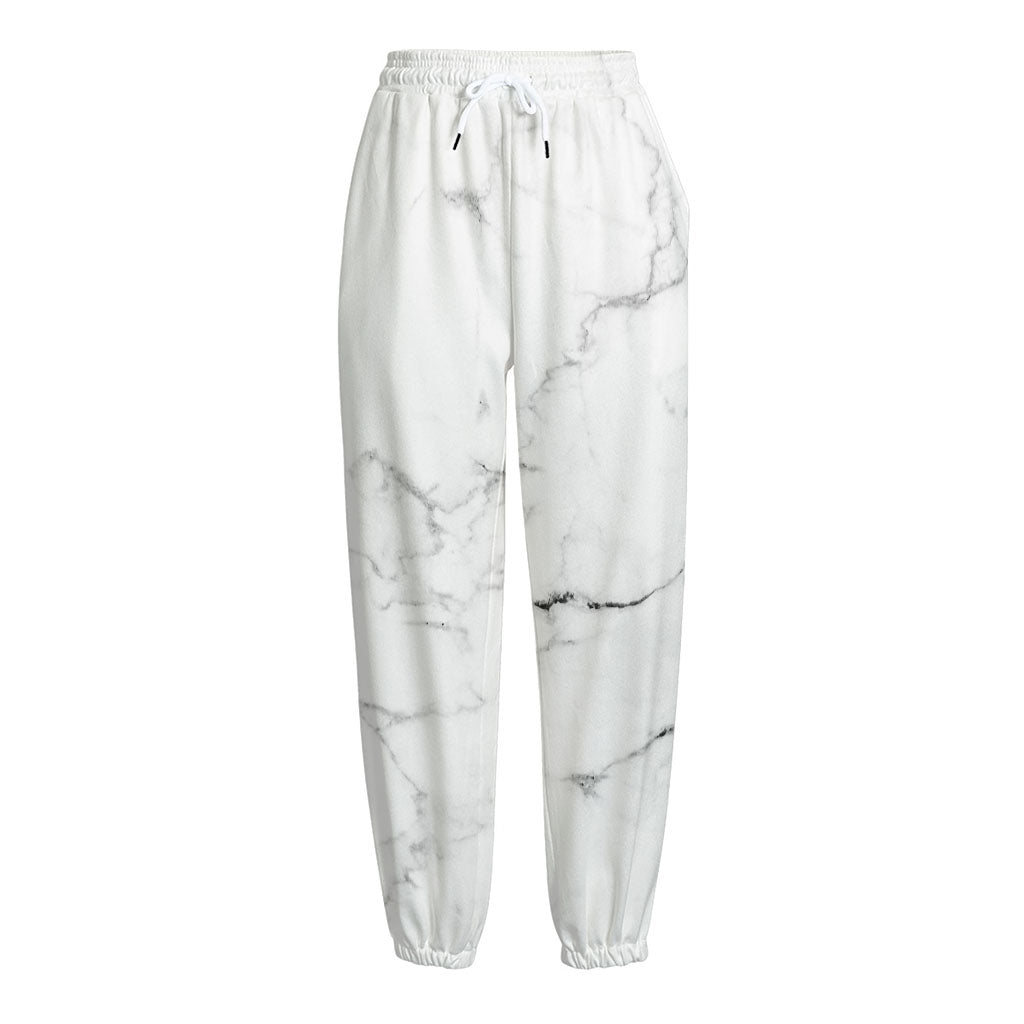White Grunge Marble Print Fleece Lined Knit Pants