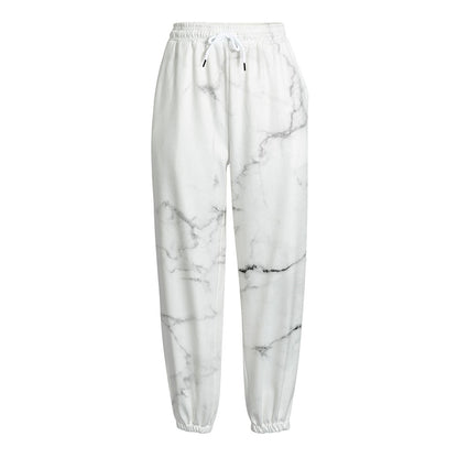 White Grunge Marble Print Fleece Lined Knit Pants