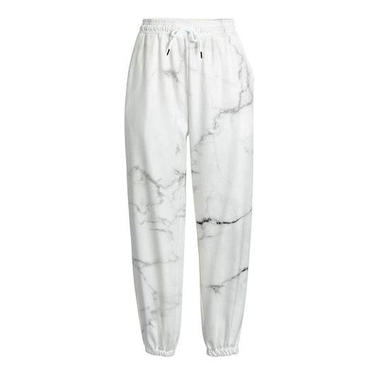 White Grunge Marble Print Fleece Lined Knit Pants