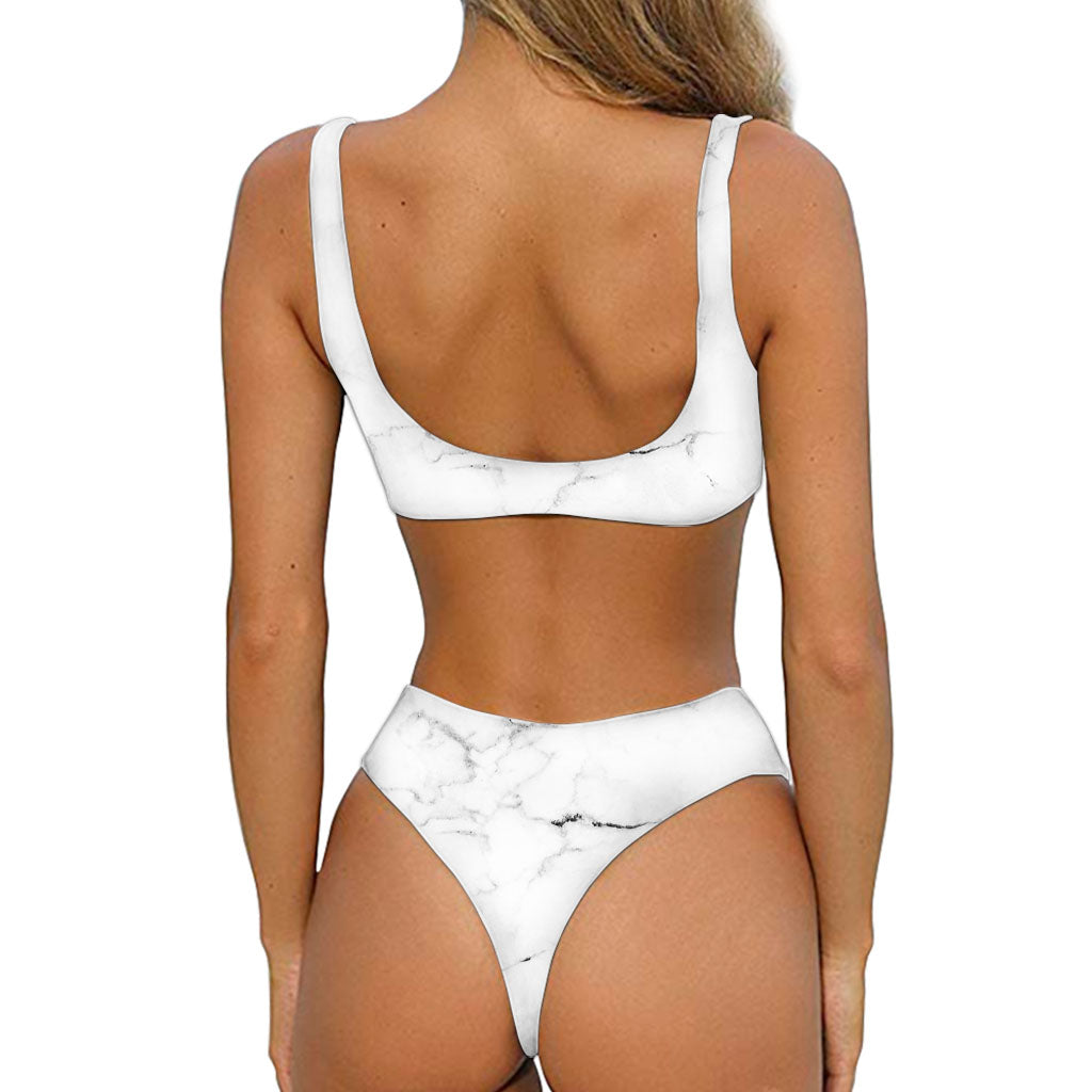 White Grunge Marble Print Front Bow Tie Bikini