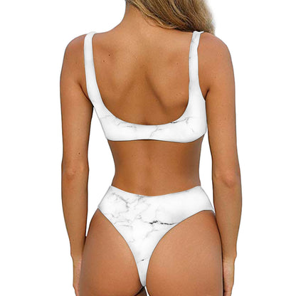 White Grunge Marble Print Front Bow Tie Bikini